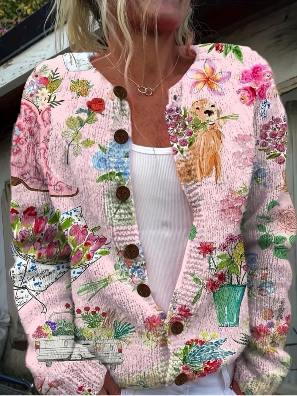 Pink Floral Watercolor Button-Front Cardigan Sweater